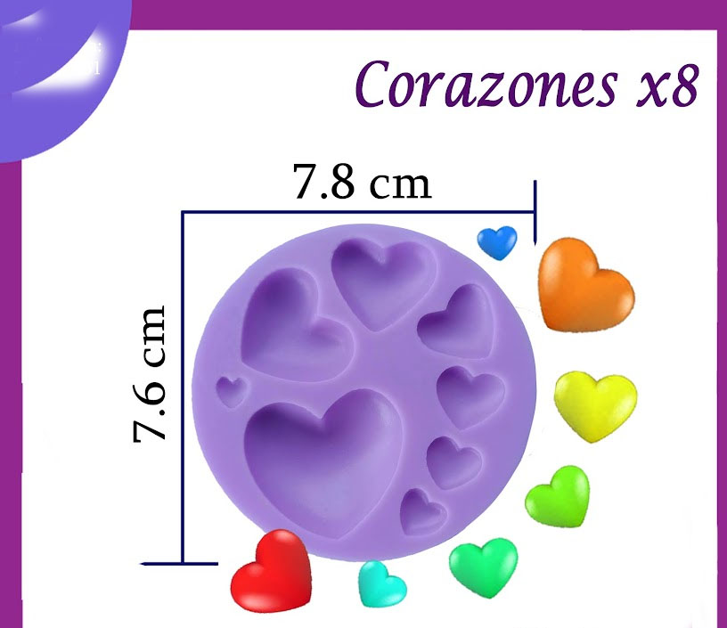 Molde Silicona Corazones por 8 figuras en relive 3d para decoración de tortas fondant postres porcelanicrón cera, j