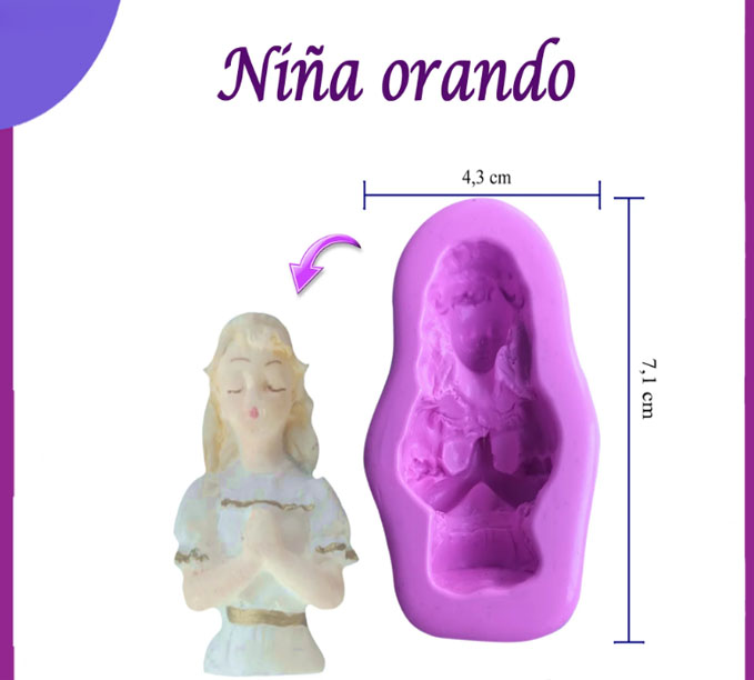 Molde en silicona virgen niña orando figura completo y moño