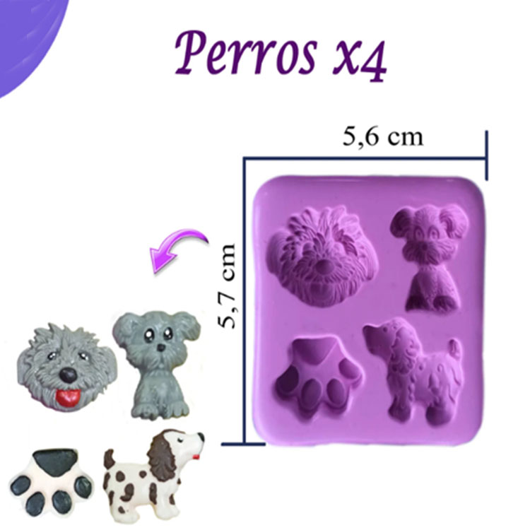 Molde en silicona perros x4 para apliques en pasta flexible porcelanicron