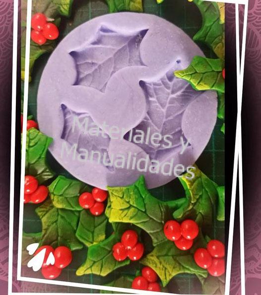 Molde en silicona para decorar porcelanicron muerdago hojas navidad